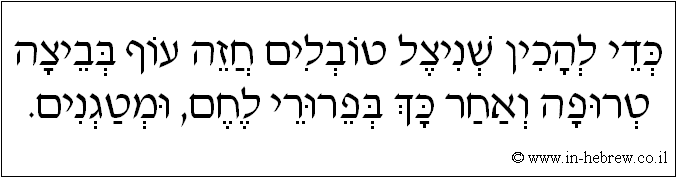 עברית: כדי להכין שניצל טובלים חזה עוף בביצה טרופה ואחר כך בפרורי לחם, ומטגנים.