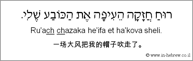中文和希伯来语: 一场大风把我的帽子吹走了。