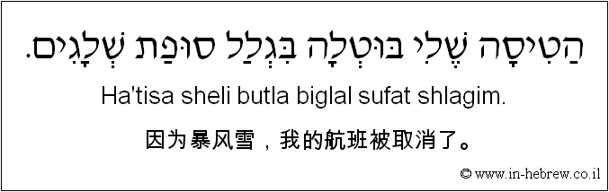 中文和希伯来语: 因为暴风雪，我的航班被取消了。