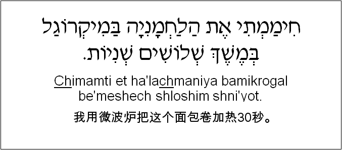 中文和希伯来语: 我用微波炉把这个面包卷加热30秒。