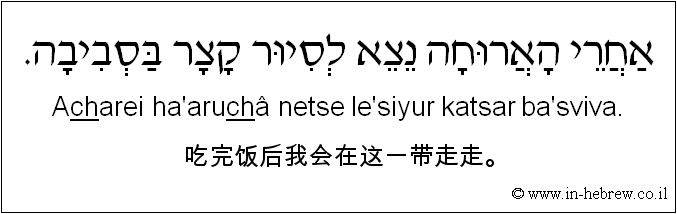 中文和希伯来语: 吃完饭后我会在这一带走走。