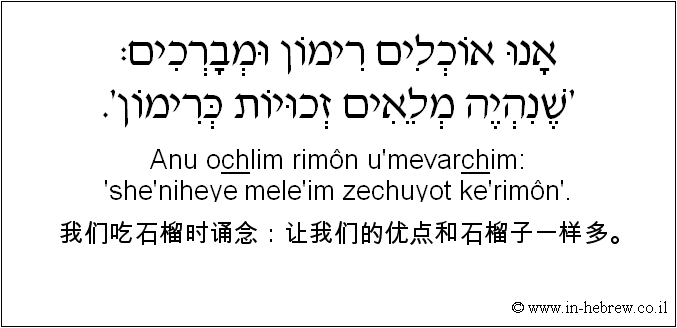 中文和希伯来语: 我们吃石榴时诵念：让我们的优点和石榴子一样多。