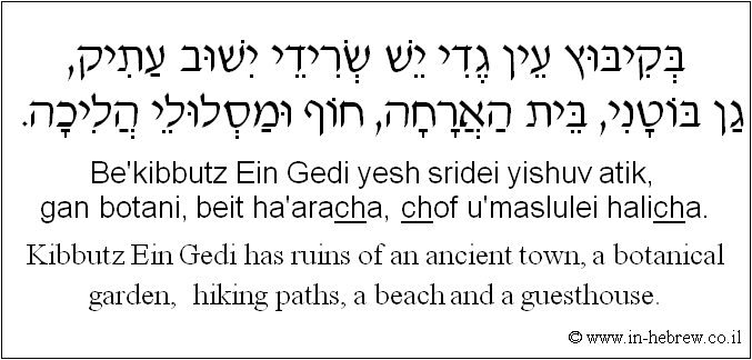 English to Hebrew: Kibbutz Ein Gedi has ruins of an ancient town, a botanical garden,  hiking paths, a beach and a guesthouse.