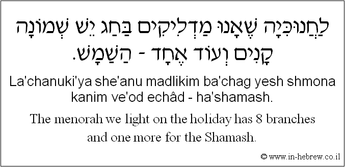 English to Hebrew: The menorah we light on the holiday has 8 branches and one more for the Shamash.