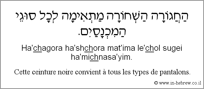 Français à l'hébreu: Cette ceinture noire convient à tous les types de pantalons.