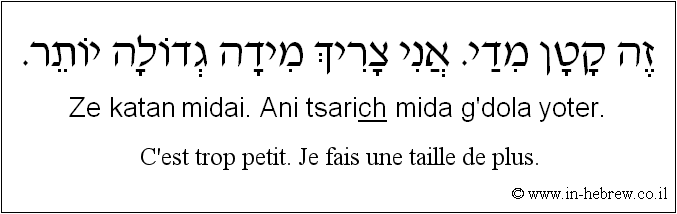 Français à l'hébreu: C'est trop petit. Je fais une taille de plus.