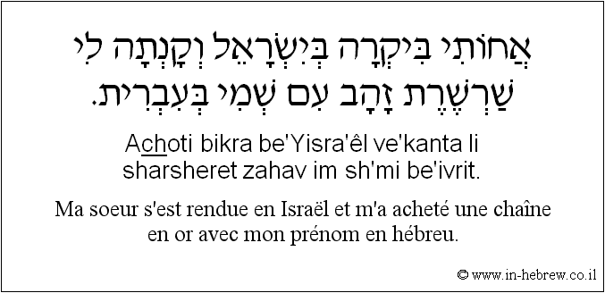 Français à l'hébreu: Ma sœur s'est rendue en Israël et m'a acheté une chaîne en or avec mon prénom en hébreu.