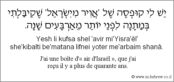 Français à l'hébreu: J'ai une boîte d'« air d'Israël », que j’ai reçu il y a plus de quarante ans.