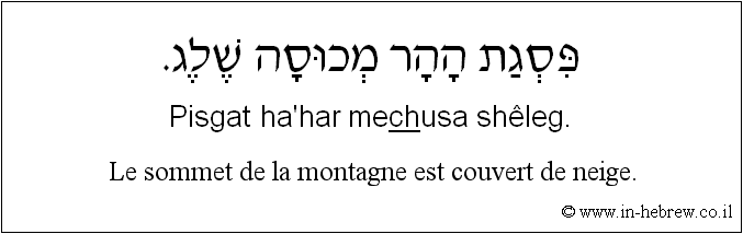 Français à l'hébreu: Le sommet de la montagne est couvert de neige.