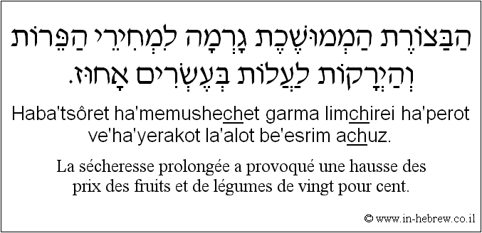 Français à l'hébreu: La sécheresse prolongée a provoqué une hausse des prix des fruits et de légumes de vingt pour cent.