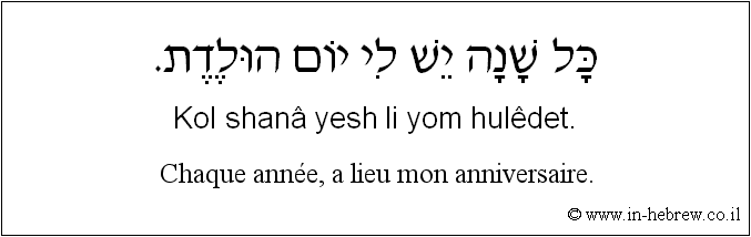 Français à l'hébreu: Chaque année, a lieu mon anniversaire.