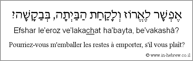 Français à l'hébreu: Pourriez-vous m'emballer les restes à emporter, s'il vous plaît?