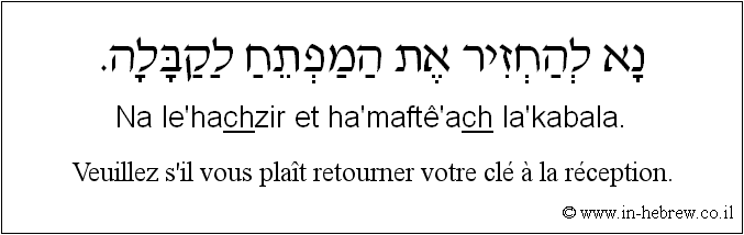 Français à l'hébreu: Veuillez s'il vous plaît retourner votre clé à la réception.