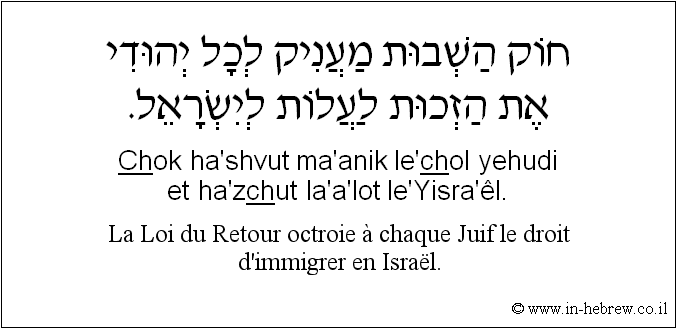 Français à l'hébreu: La Loi du Retour octroie à chaque Juif le droit d'immigrer en Israël.