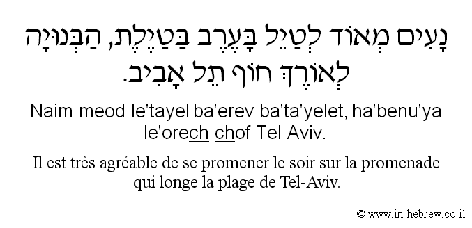 Français à l'hébreu: Il est très agréable de se promener le soir sur la promenade qui longe la plage de Tel-Aviv.