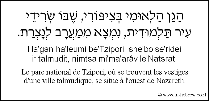 Français à l'hébreu: Le parc national de Tzipori, où se trouvent les vestiges d'une ville talmudique, se situe à l'ouest de Nazareth.