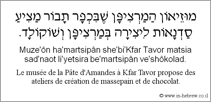 Français à l'hébreu: Le musée de la Pâte d’Amandes à Kfar Tavor propose des ateliers de création de massepain et de chocolat.