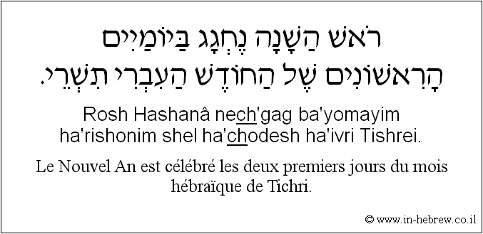 Français à l'hébreu: Le Nouvel An est célébré les deux premiers jours du mois hébraïque de Tichri.