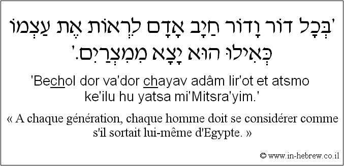 Français à l'hébreu: « A chaque génération, chaque homme doit se considérer comme s'il sortait lui-même d'Egypte. »