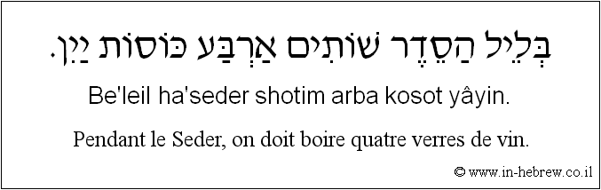 Français à l'hébreu: Pendant le Seder, on doit boire quatre verres de vin.
