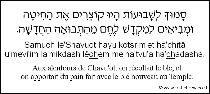 Français à l'hébreu: Aux alentours de Chavu’ot, on récoltait le blé, et on apportait du pain fait avec le blé nouveau au Temple.