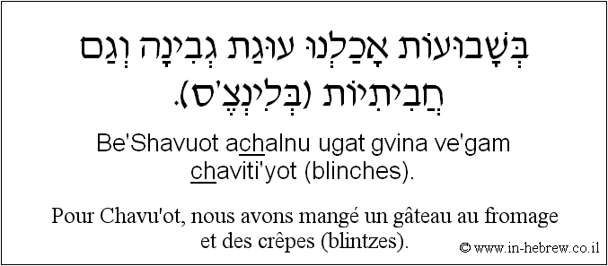 Français à l'hébreu: Pour Chavu’ot, nous avons mangé un gâteau au fromage et des crêpes (blintzes).
