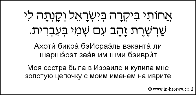 Иврит и русский: Моя сестра была в Израиле и купила мне золотую цепочку с моим именем на иврите