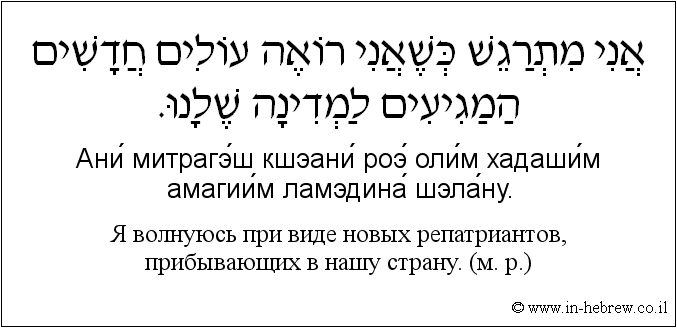 Иврит и русский: Я волнуюсь при виде новых репатриантов, прибывающих в нашу страну. (м. р.)