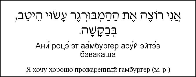 Иврит и русский: Я хочу хорошо прожаренный гамбургер (м. р.)