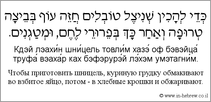 Иврит и русский: Чтобы приготовить шницель, куриную грудку обмакивают в взбитое яйцо, потом - в хлебные крошки и обжаривают