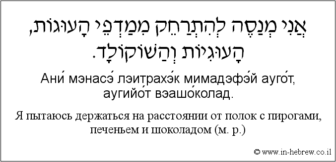 Иврит и русский: Я пытаюсь держаться на расстоянии от полок с пирогами, печеньем и шоколадом (м. р.)