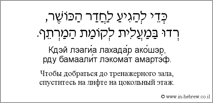 Иврит и русский: Чтобы добраться до тренажерного зала, спуститесь на лифте на цокольный этаж