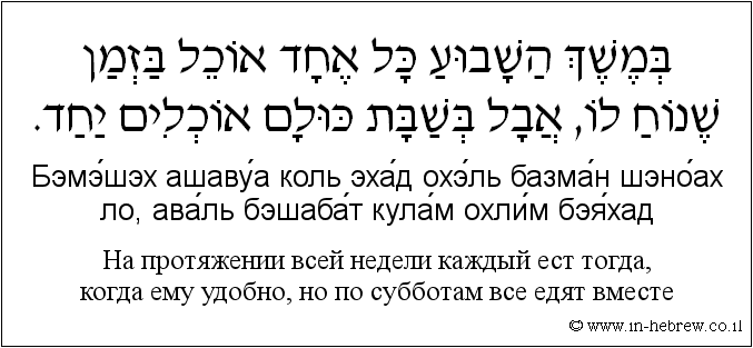 Иврит и русский: На протяжении всей недели каждый ест тогда, когда ему удобно, но по субботам все едят вместе