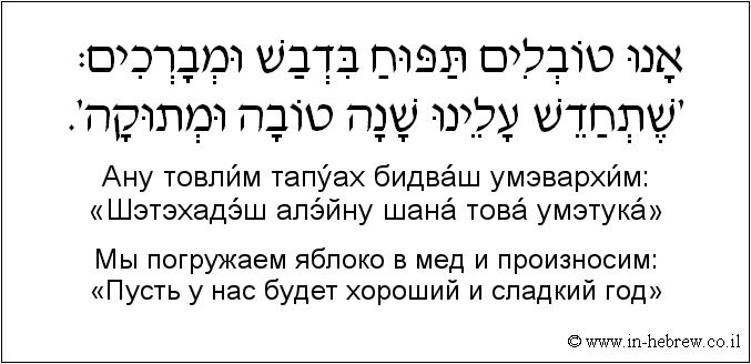Иврит и русский: Мы погружаем яблоко в мед и произносим: «Пусть у нас будет хороший и сладкий год»