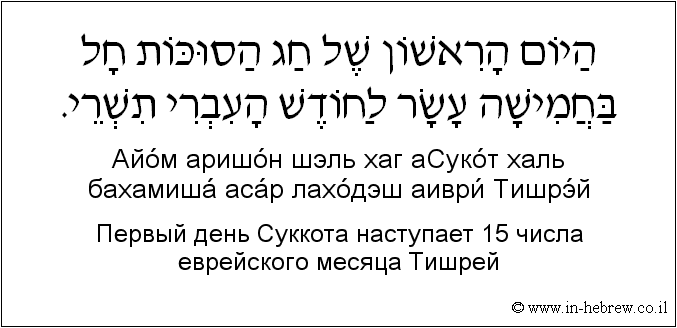 Иврит и русский: Первый день Суккота наступает 15 числа еврейского месяца Тишрей
