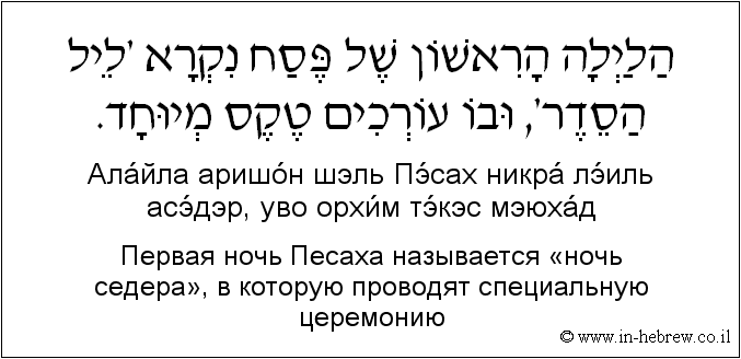 Иврит и русский: Первая ночь Песаха называется «ночь седера», в которую проводят специальную церемонию