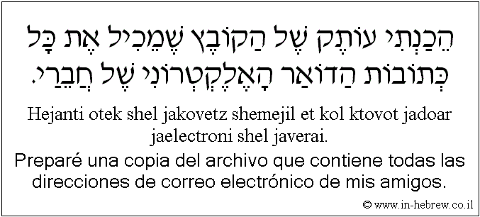 Español y hebreo: Preparé una copia del archivo que contiene todas las direcciones de correo electrónico de mis amigos.