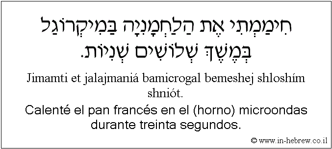 Español y hebreo: Calenté el pan francés en el (horno) microondas durante treinta segundos.
