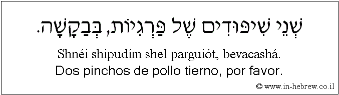 Español y hebreo: Dos pinchos de pollo tierno, por favor.